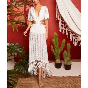 *Aphrodite Plunging Neck Cut Out Tie Back Flutter Sleeve Tassel Hem Lace